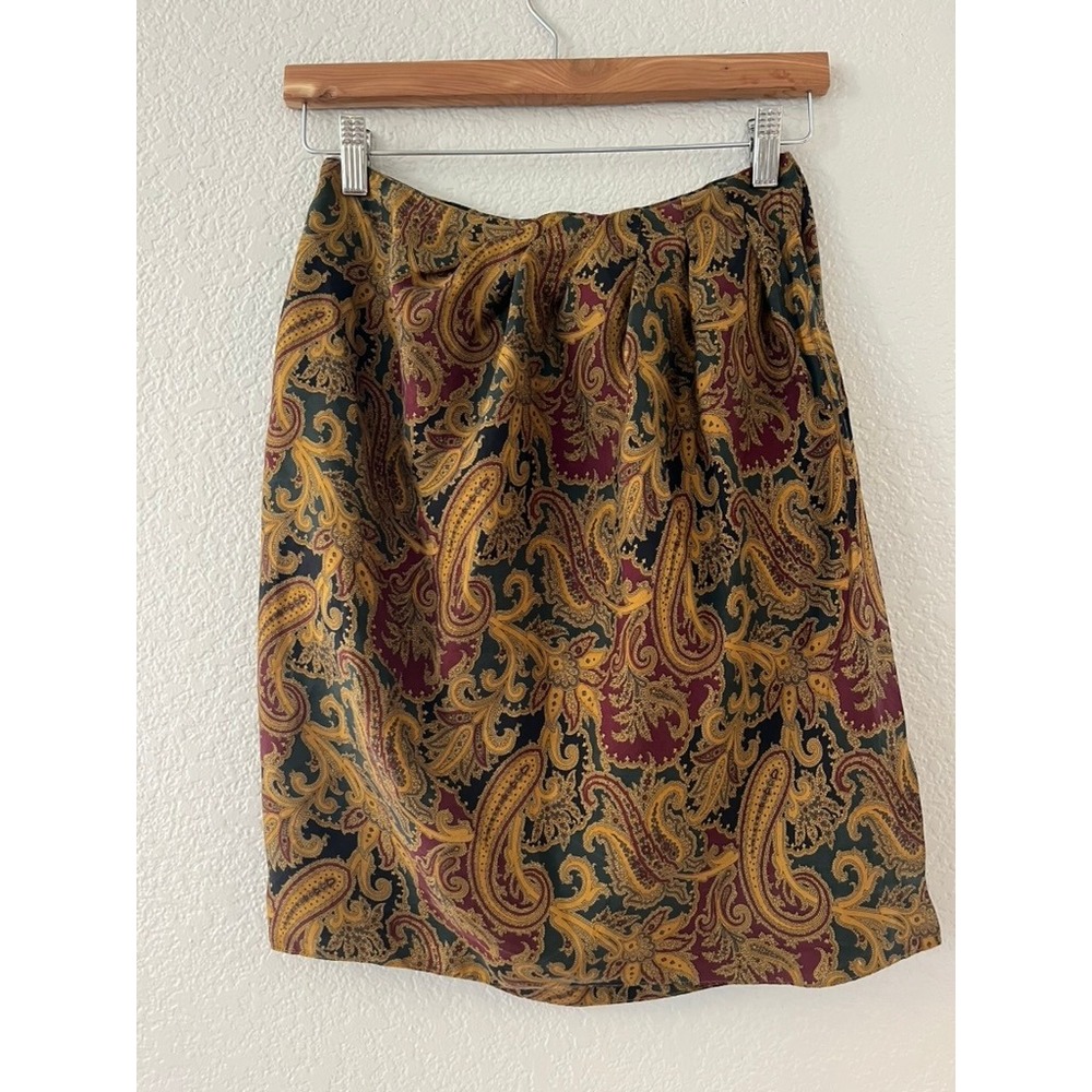 DKNY Vintage 100% Silk Paisley Print Wrap Skirt Green Gold Burgundy